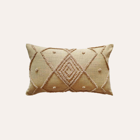 Earth-yellow embroidered diamond pattern cotton cushion cover.