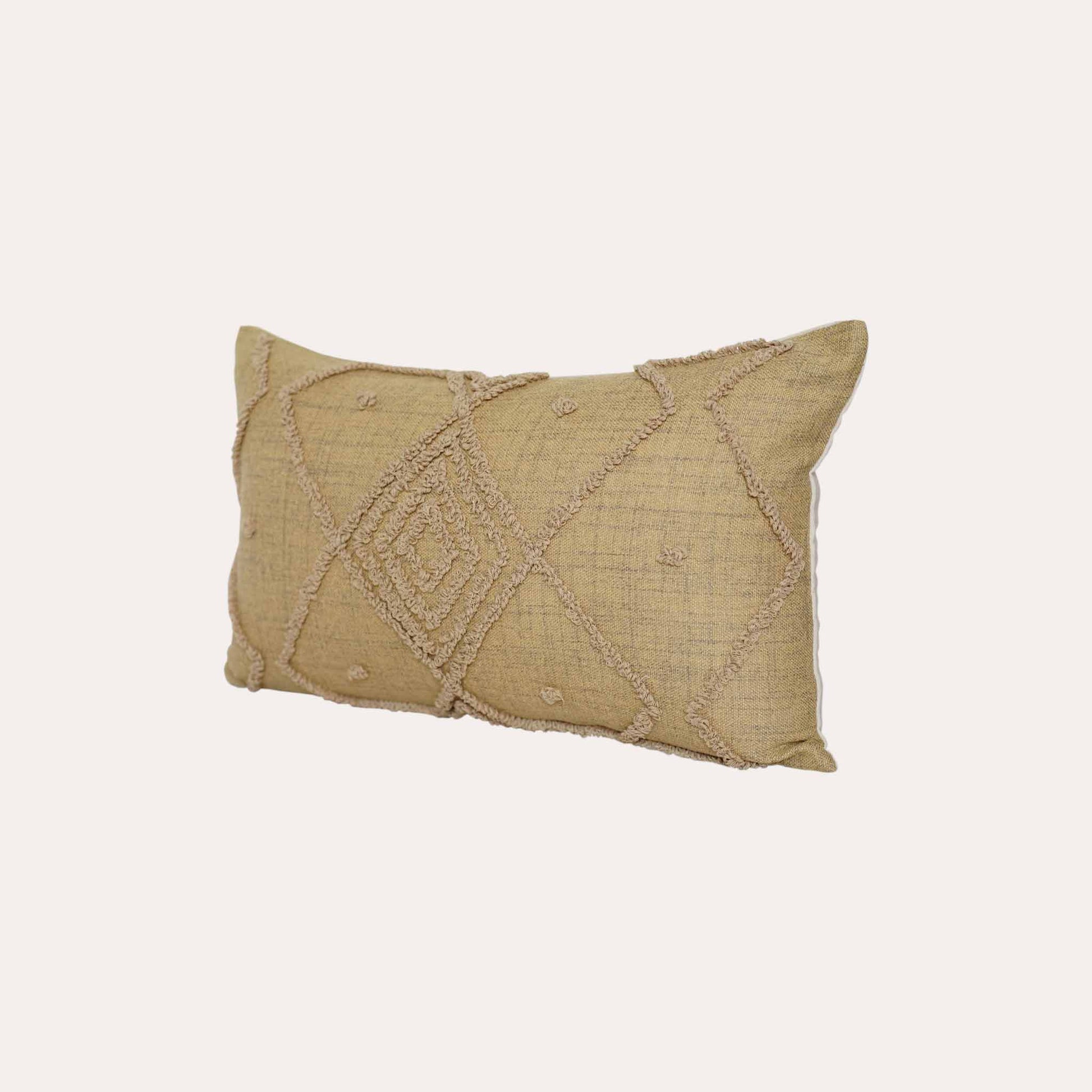 Earth-yellow embroidered diamond pattern cotton cushion cover.