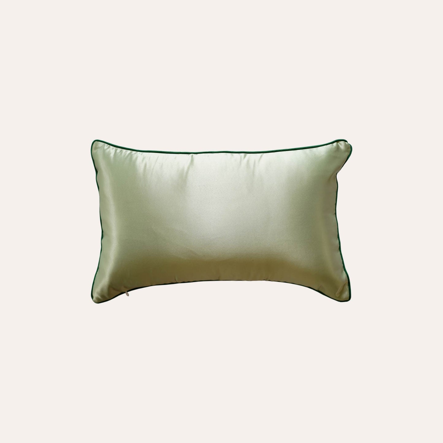 Decorative green cushion cover with gold bamboo leaf pattern embroidery and solid light green back.