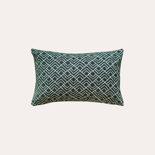 A stylish green and white geometric pattern cushion cover ideal for modern home decor.