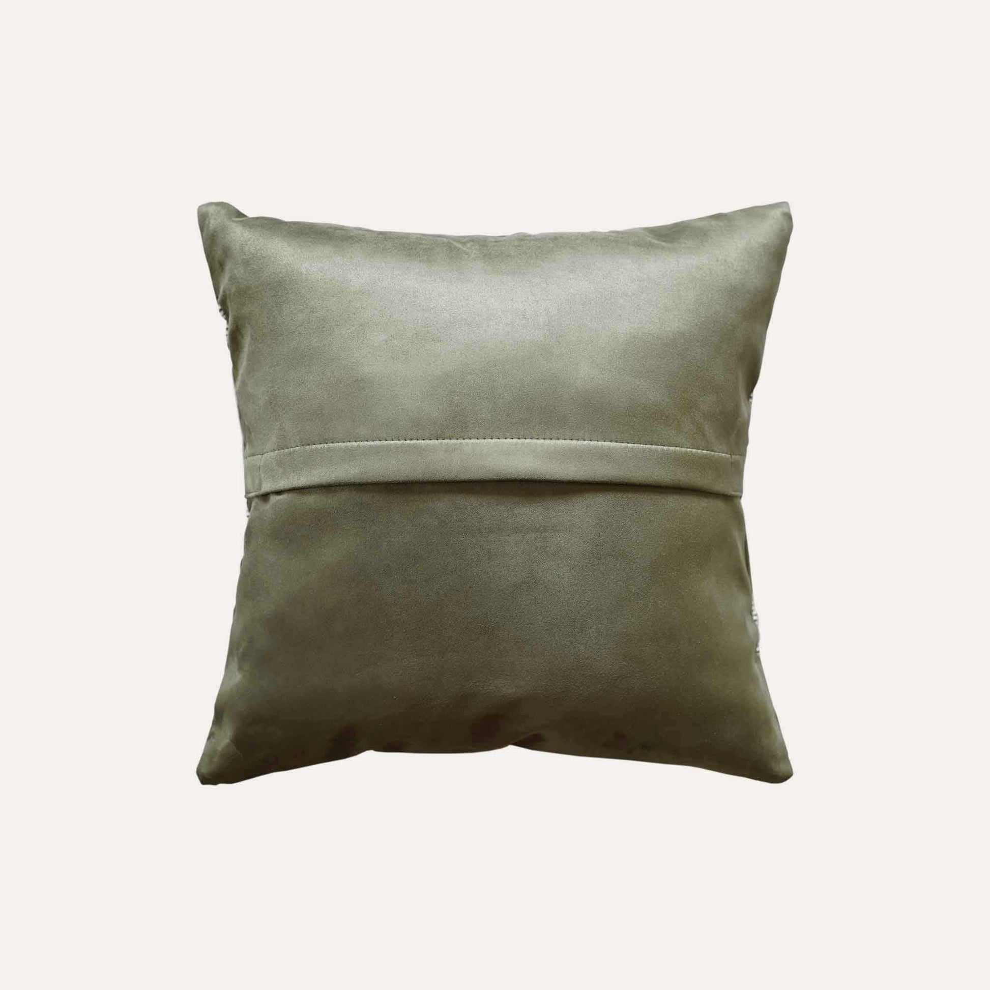A green and grey irregular splicing design decorative cushion cover with green back.
