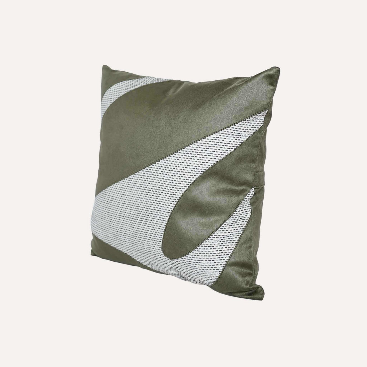 A decorative cushion cover featuring a green and grey irregular splicing design.