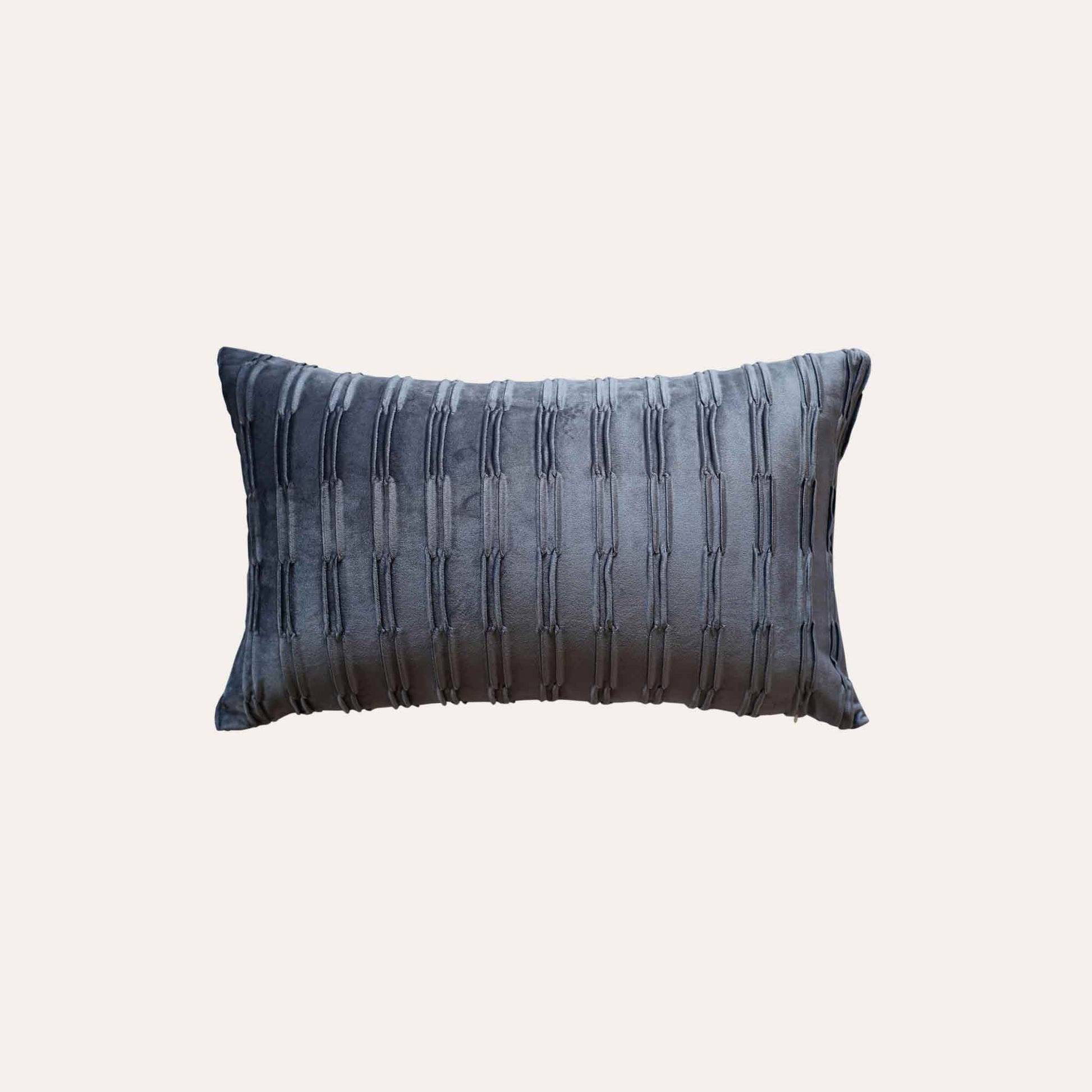 Dark grey pleated velvet lumbar cushion cover.