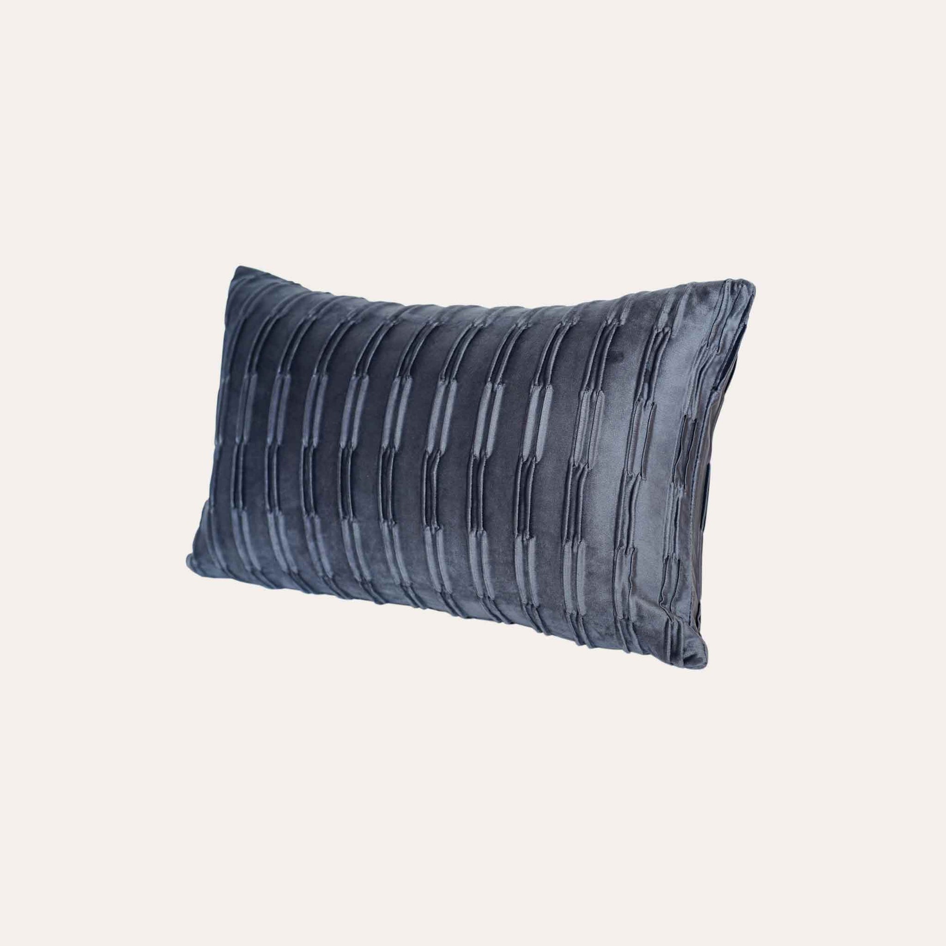 Dark grey pleated velvet lumbar cushion cover.