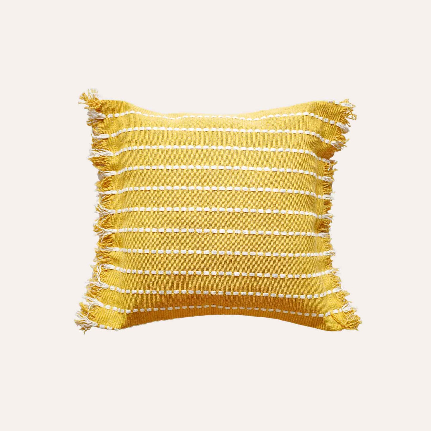 Stylish yellow woven square cushion covers with boho tassels.