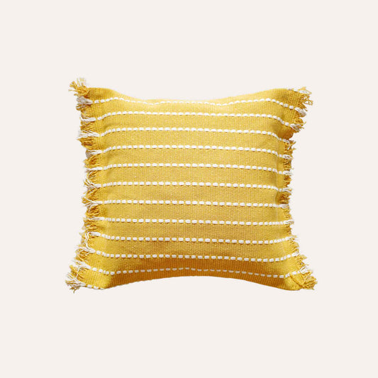 Stylish yellow woven square cushion covers with boho tassels.