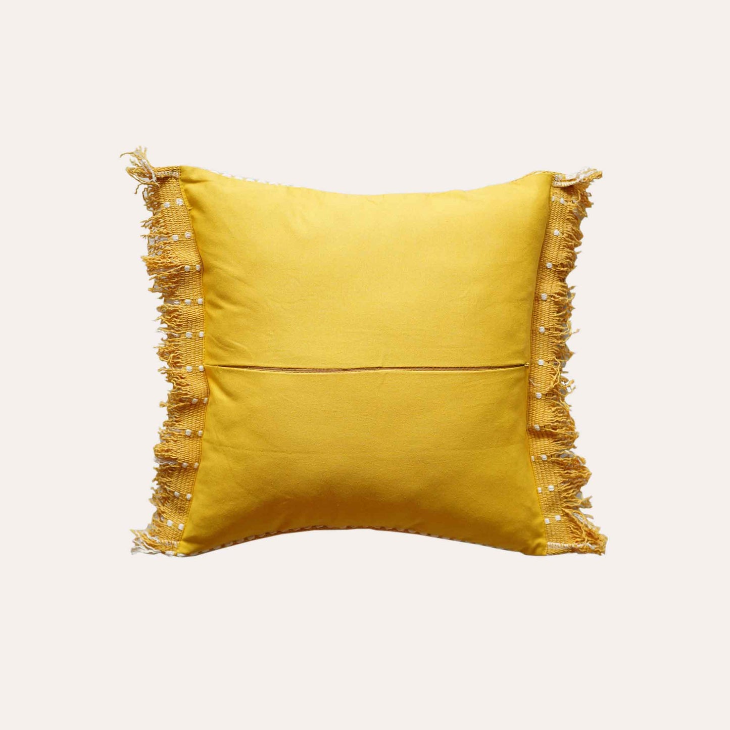 Stylish yellow woven square cushion covers with boho tassels.