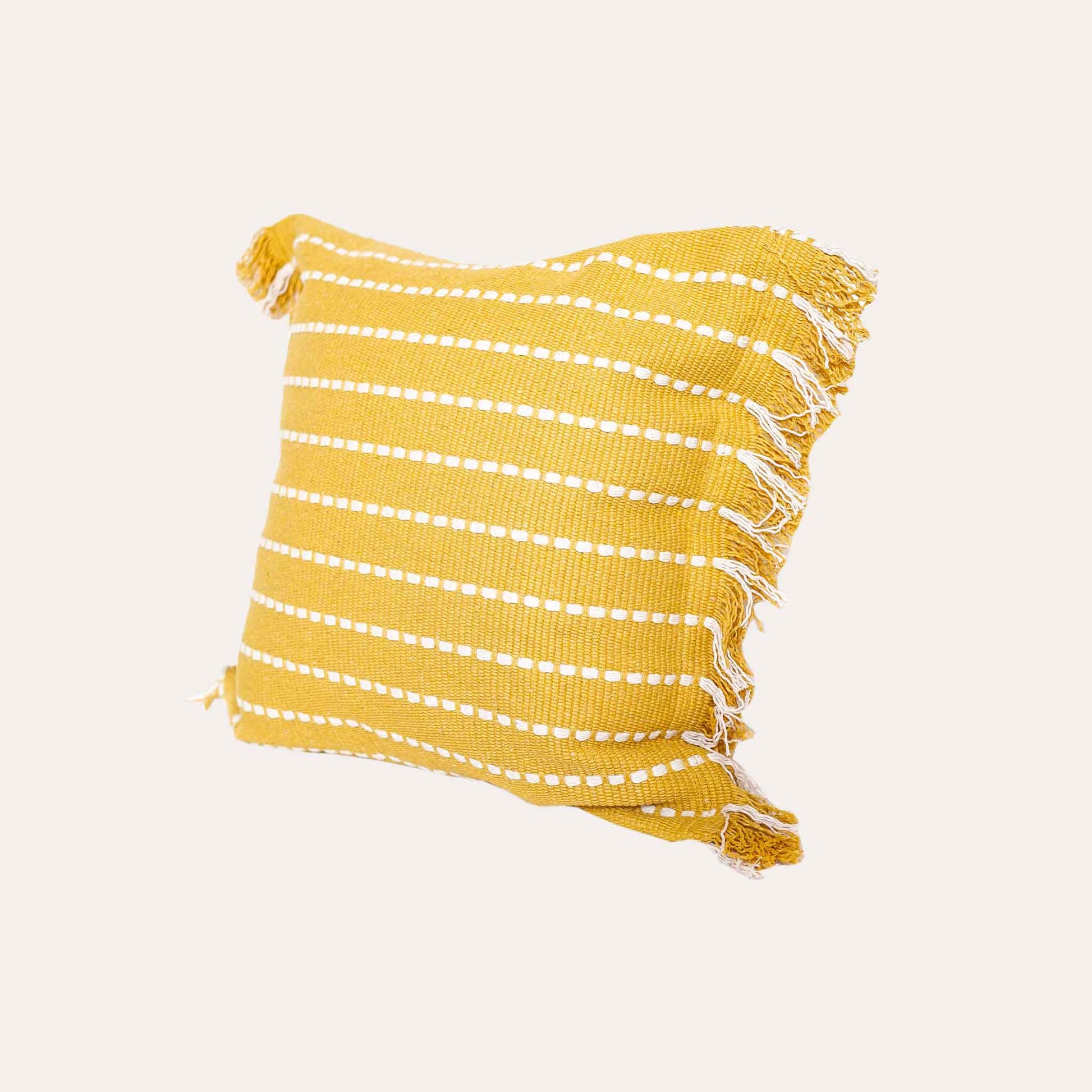 Stylish yellow woven square cushion covers with boho tassels.
