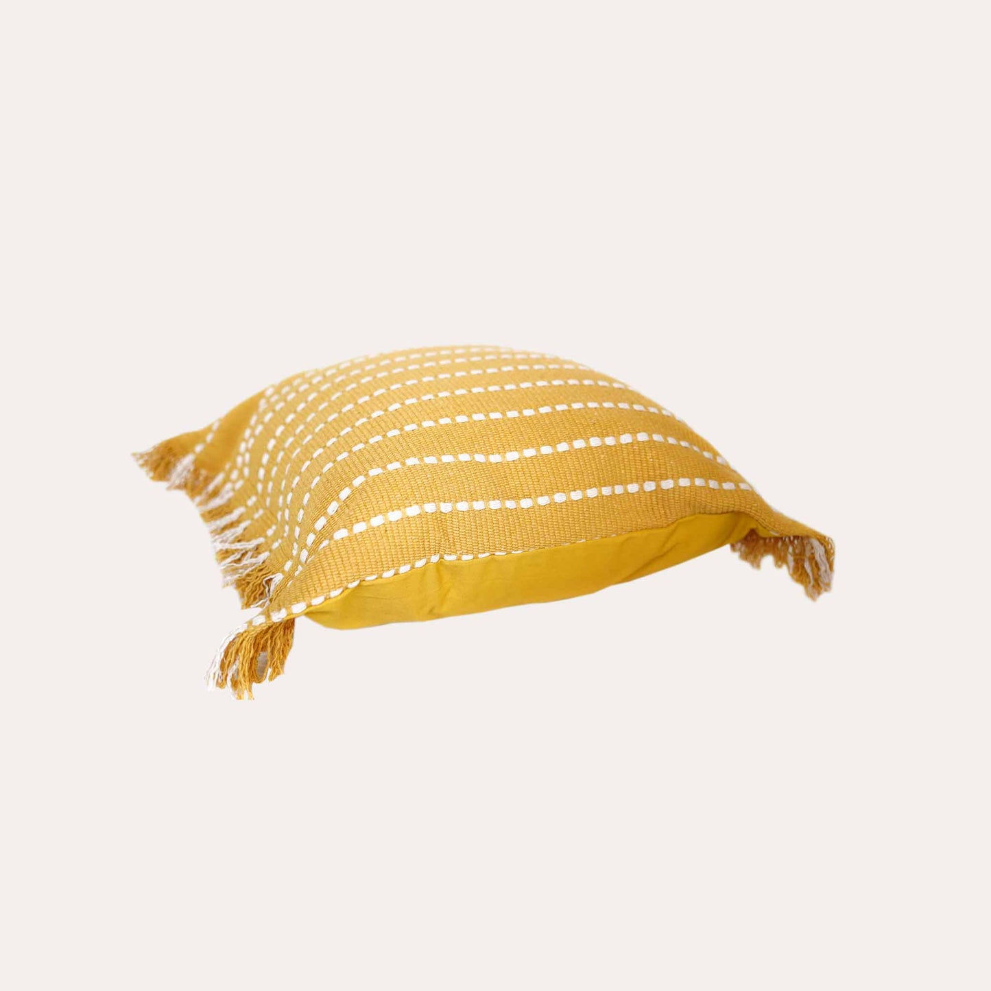 Stylish yellow woven square cushion covers with boho tassels.