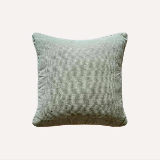 Mint green herringbone, white wrapped chenille cushion cover.