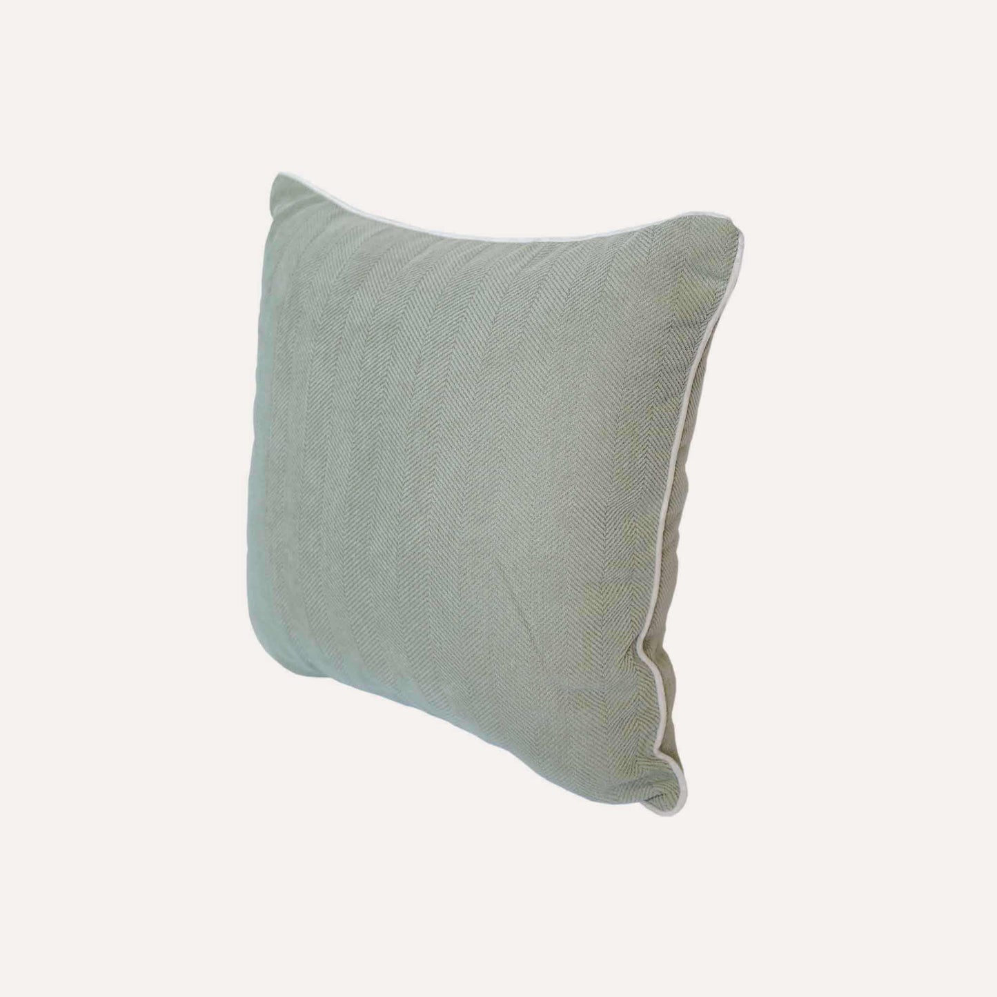 Mint green herringbone, white wrapped chenille cushion cover.