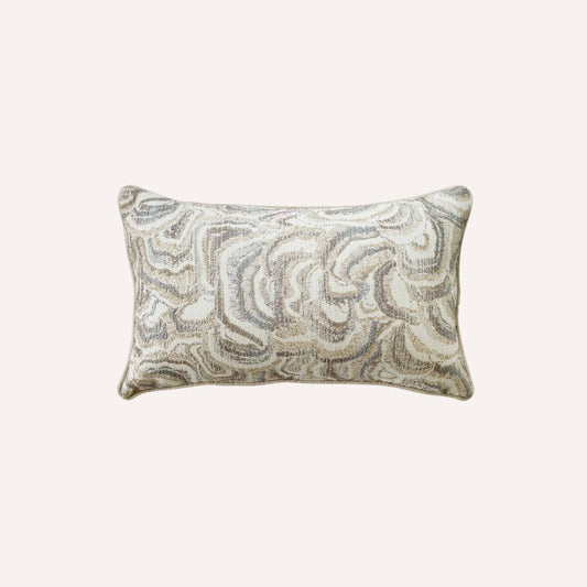 This white and grey mother-of-pearl patterned decorative lumbar cushion adds a contemporary touch to home décor.