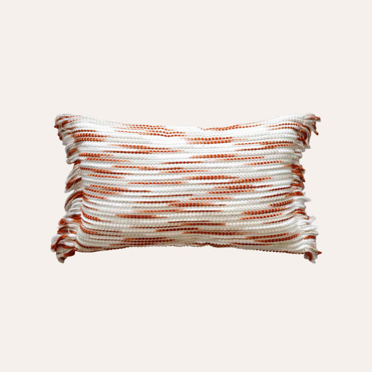 Ivory red mixed color woven fringe cushion cover.