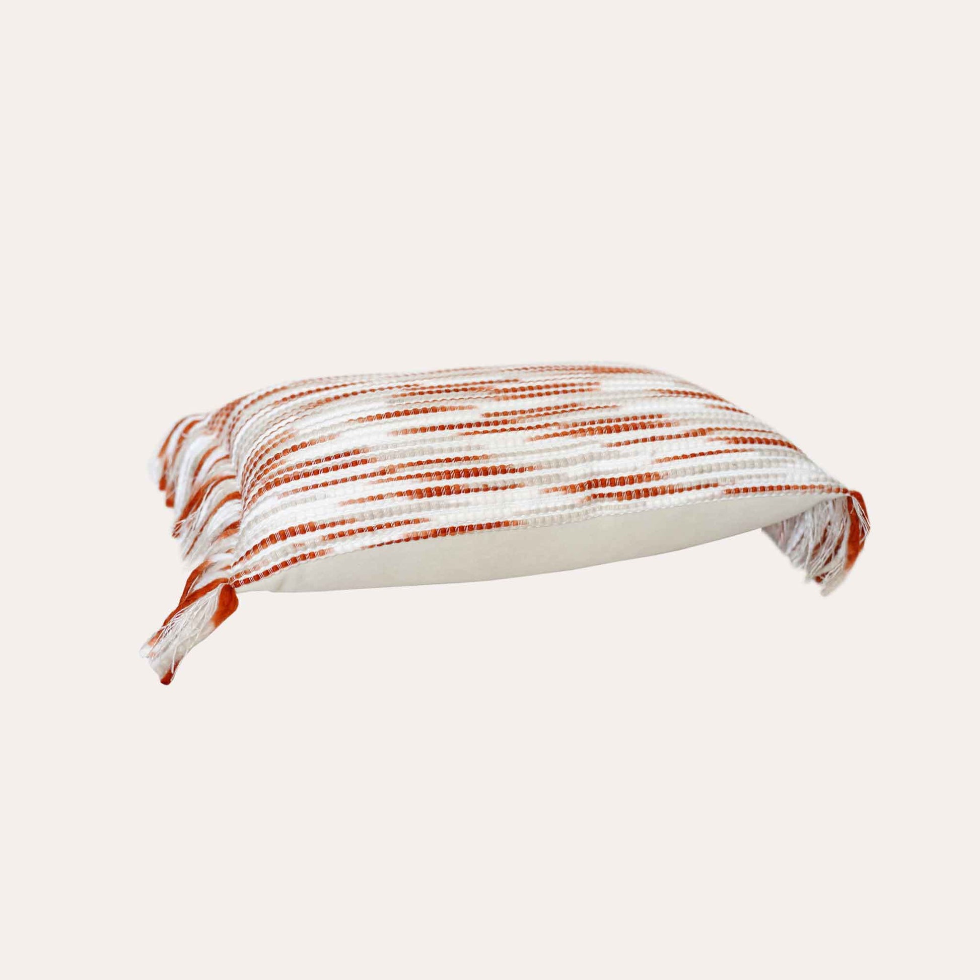 Ivory red mixed color woven fringe cushion cover.
