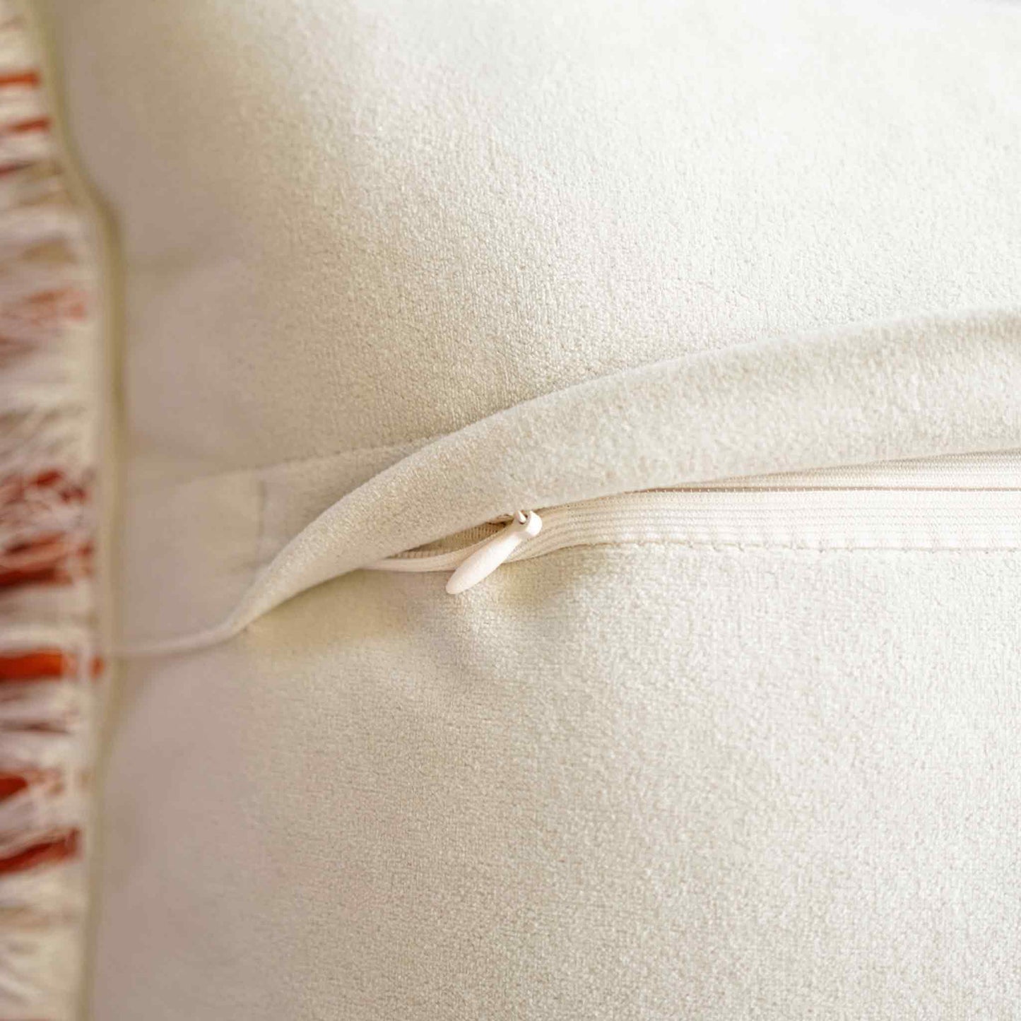 Ivory red mixed color woven fringe cushion cover with invisible zipper.