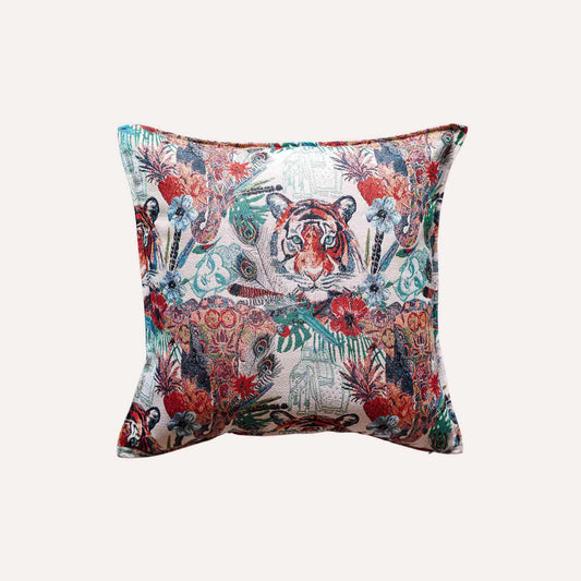 Cushion cover featuring a lively and colorful tiger jacquard design.