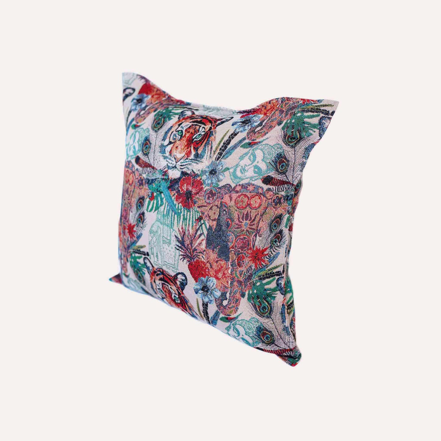 Cushion cover featuring a lively and colorful tiger jacquard design.