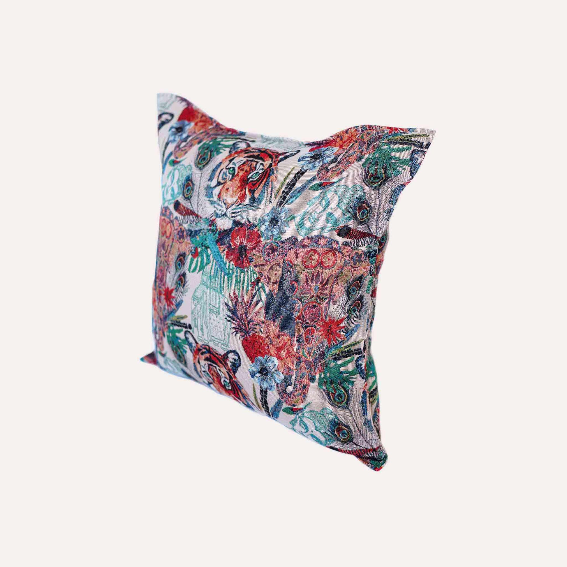 Cushion cover featuring a lively and colorful tiger jacquard design.