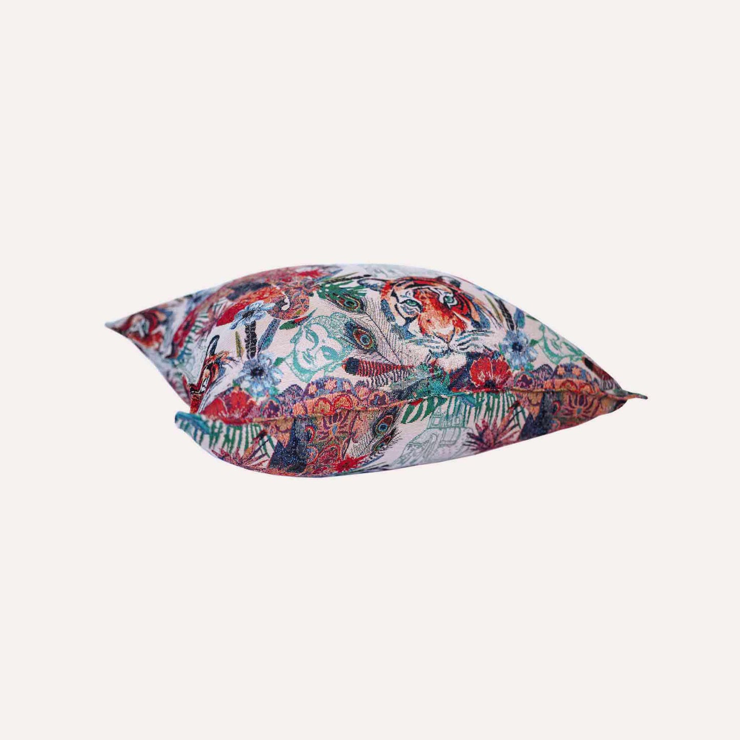 Cushion cover featuring a lively and colorful tiger jacquard design.