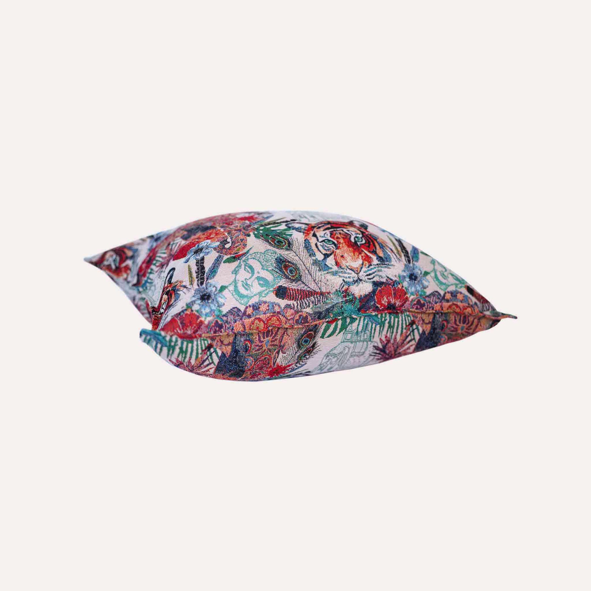 Cushion cover featuring a lively and colorful tiger jacquard design.
