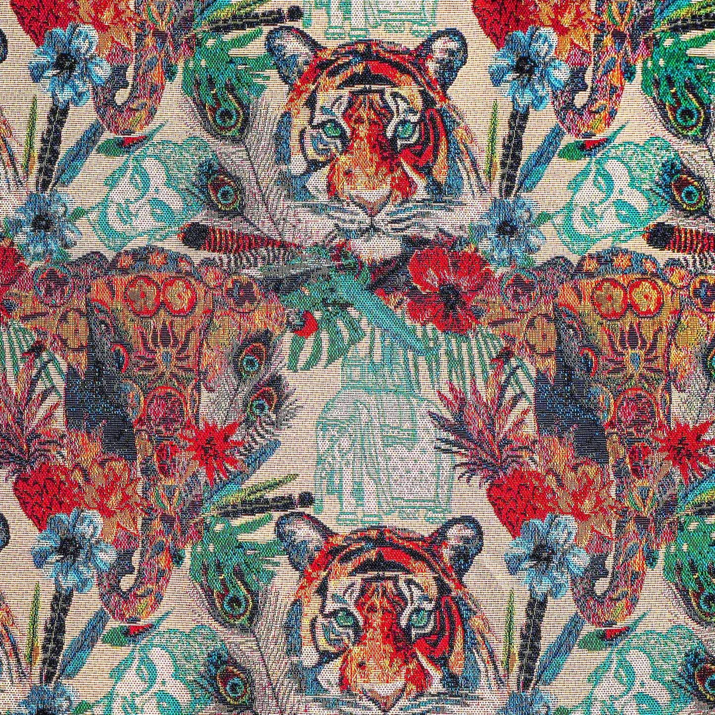 Cushion cover featuring a lively and colorful tiger jacquard design.