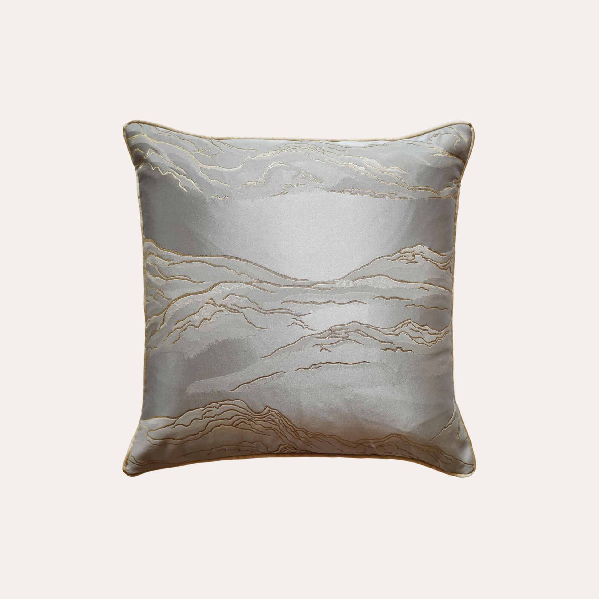 Silver gray gold drawstring mountain cushion cover.