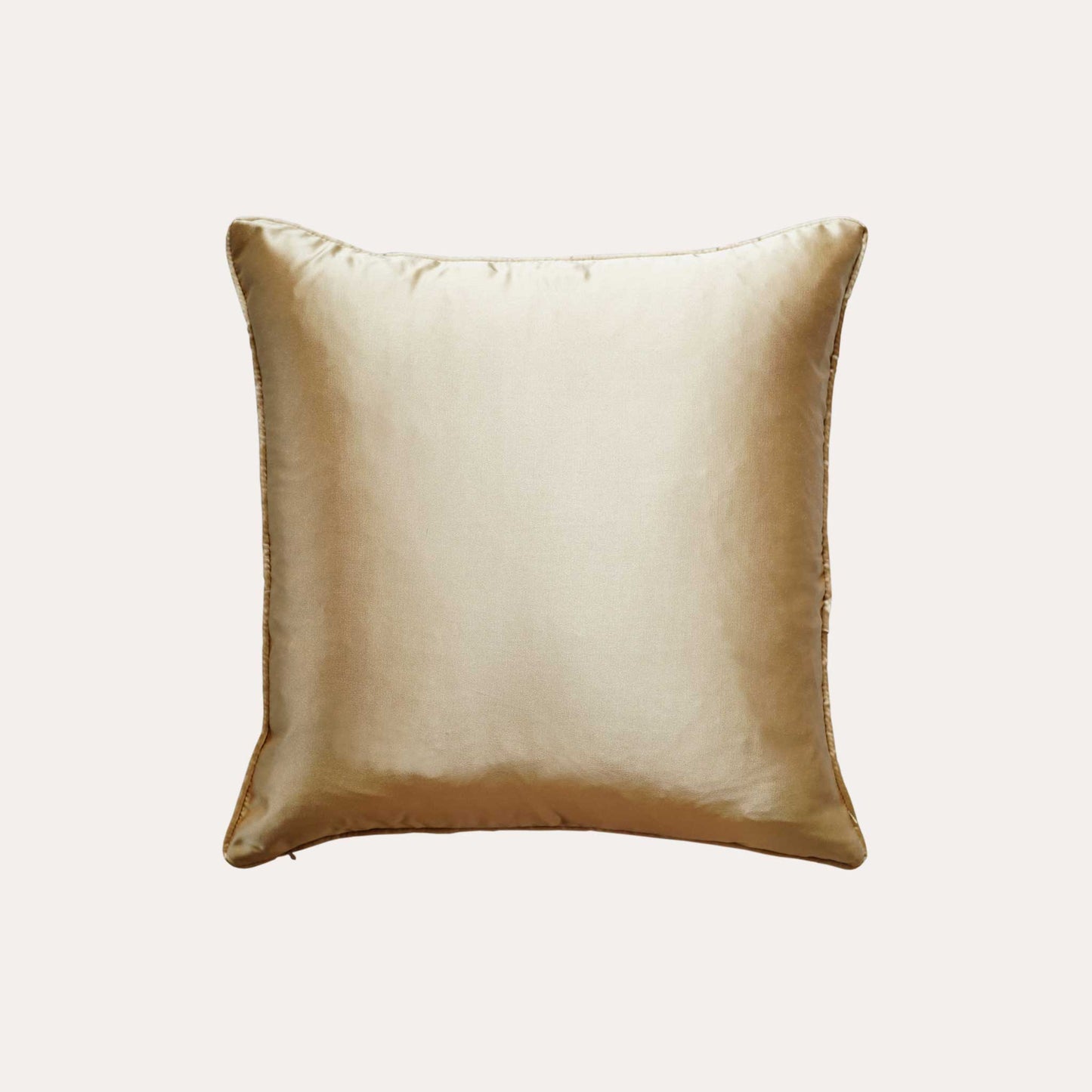 Silver gray gold drawstring mountain cushion cover with gold back.