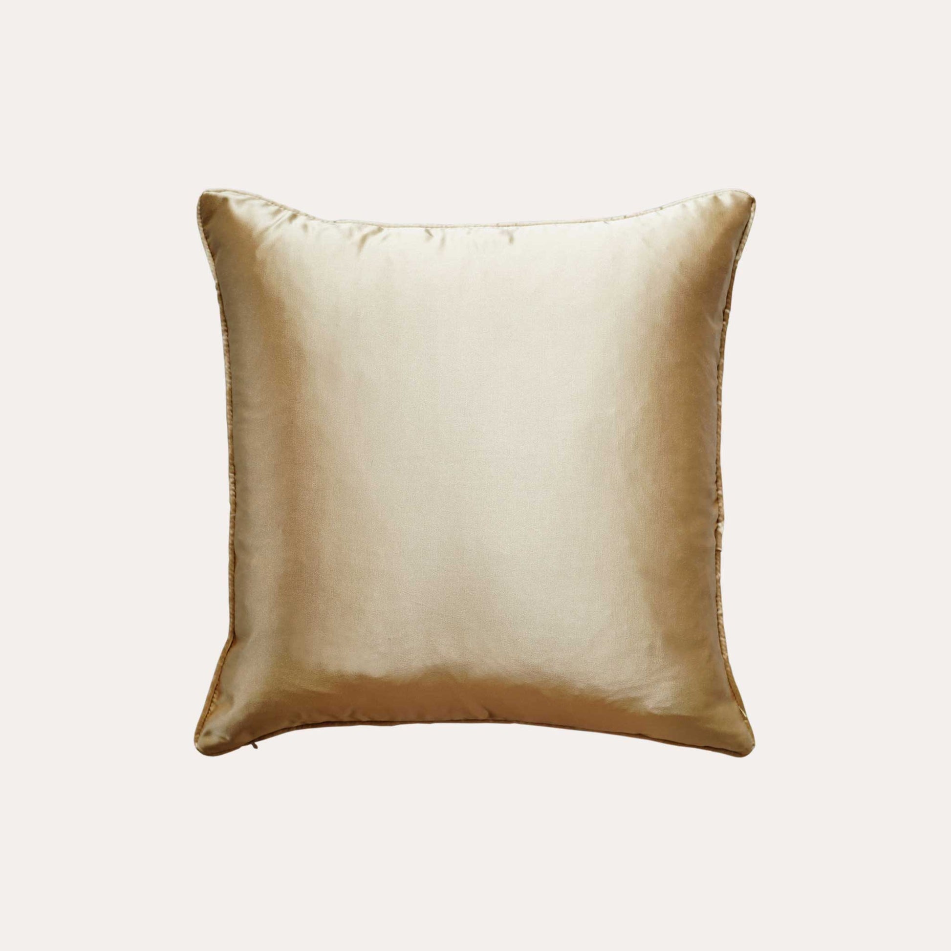 Silver gray gold drawstring mountain cushion cover with gold back.