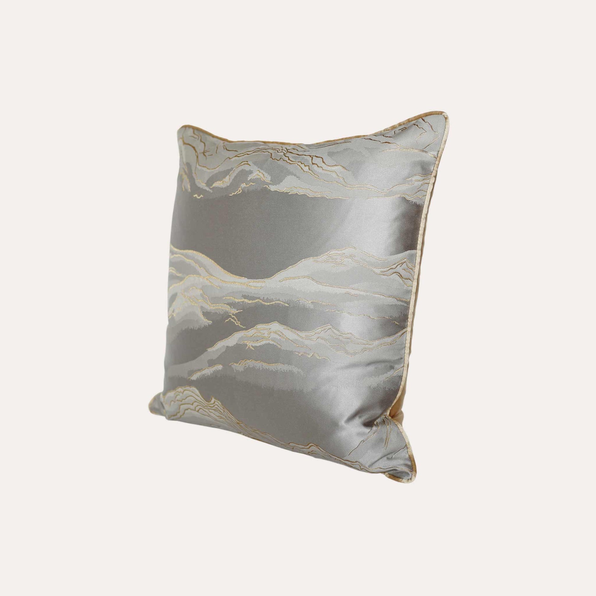 Silver gray gold drawstring mountain cushion cover.