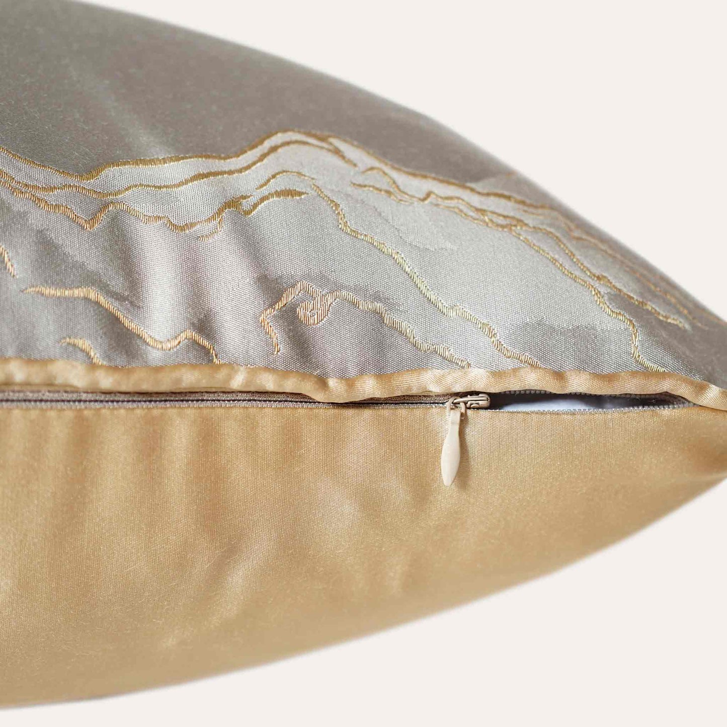 Silver gray gold drawstring mountain cushion cover with invisible zipper.
