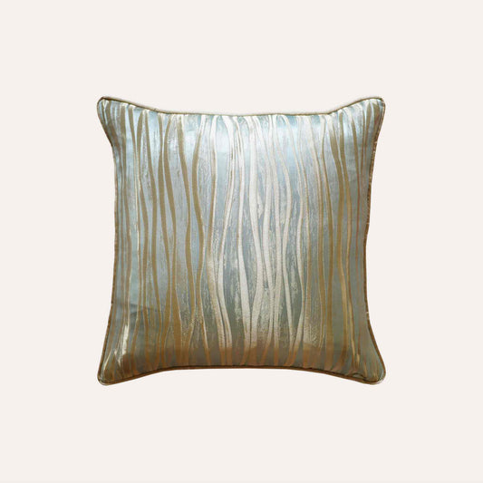 Elegant light blue background cushion cover with luxury gold rope jacquard design.