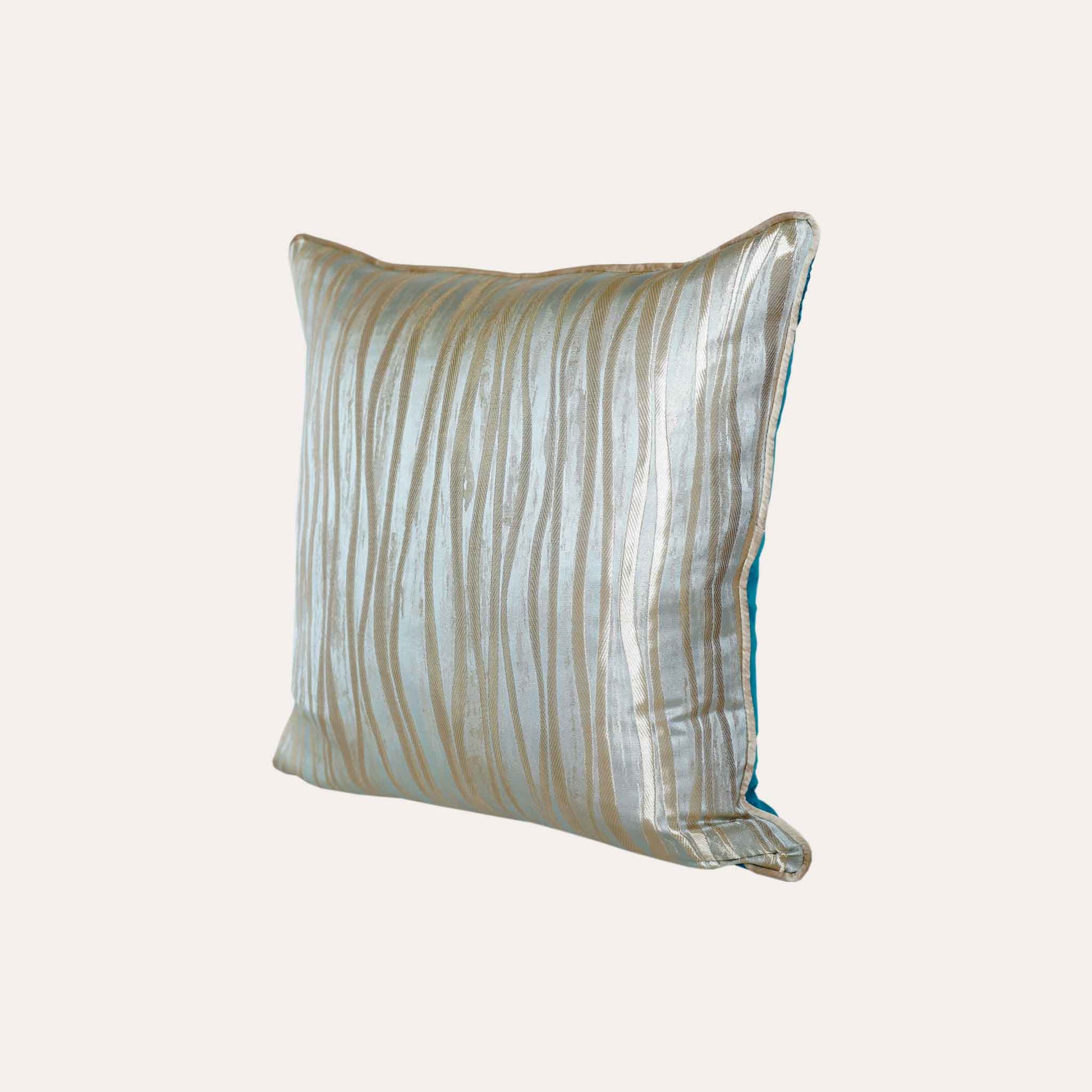 Elegant light blue background cushion cover with luxury gold rope jacquard design.