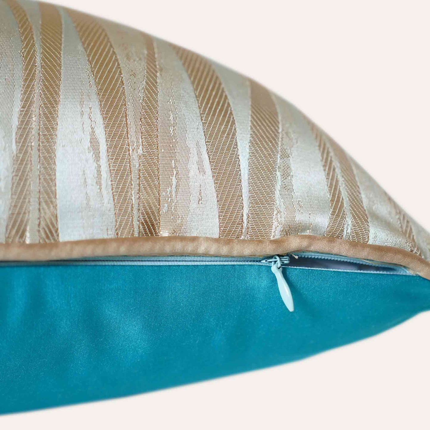 Elegant light blue background cushion cover with luxury gold rope jacquard design with invisible zipper.