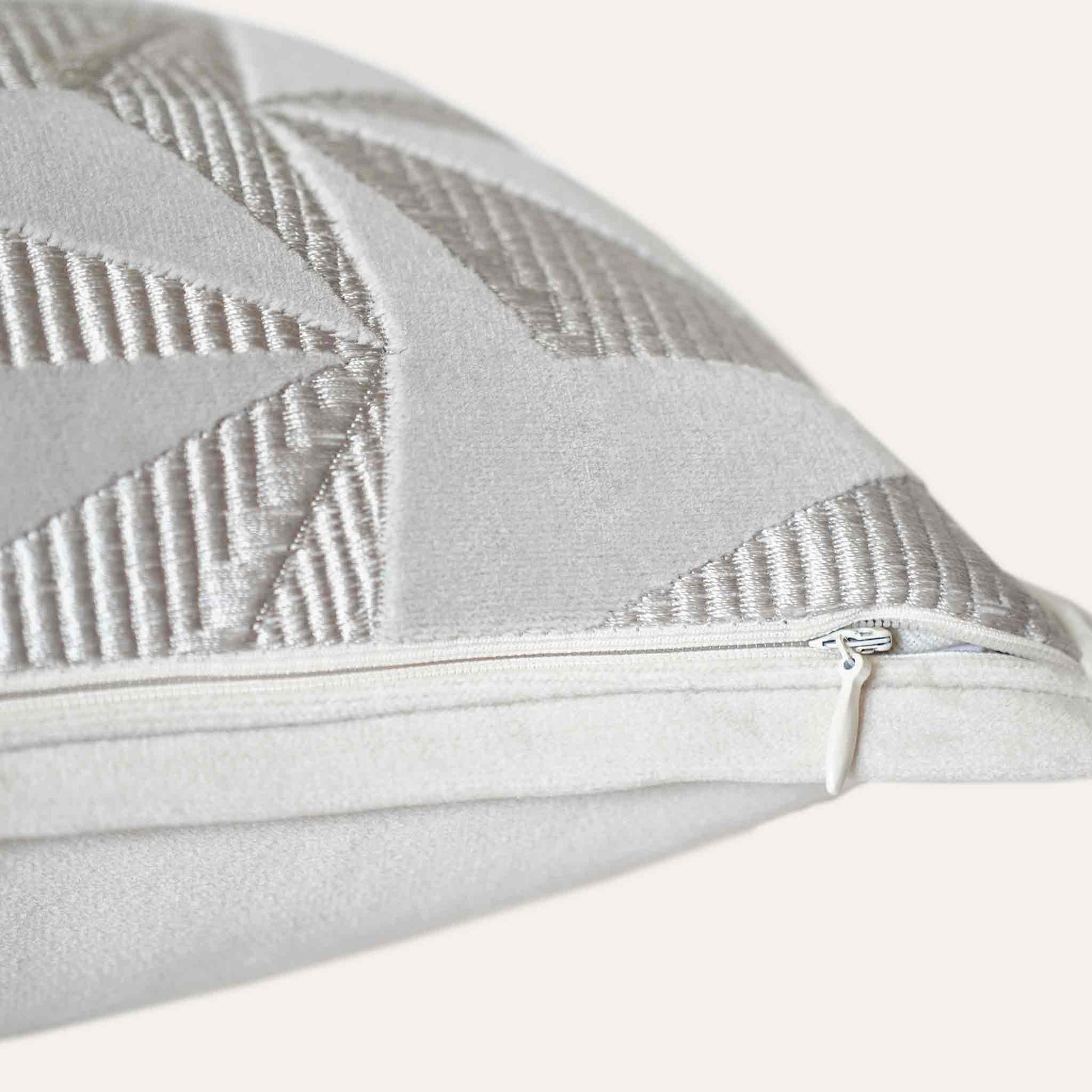 Luxury silver-grey texture geometric pattern lumbar cushion cover with invisible zipper.