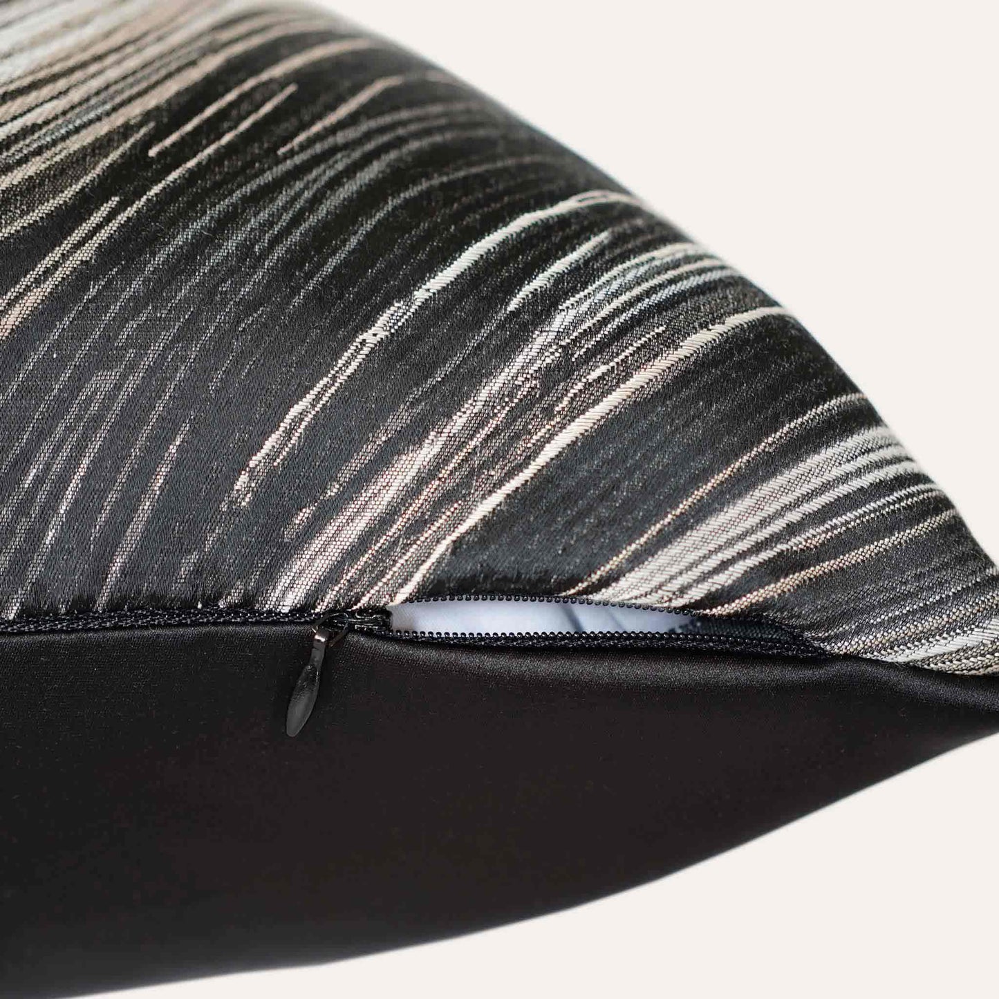 Black and gold abstract wave pattern cushion cover with invisible zipper.