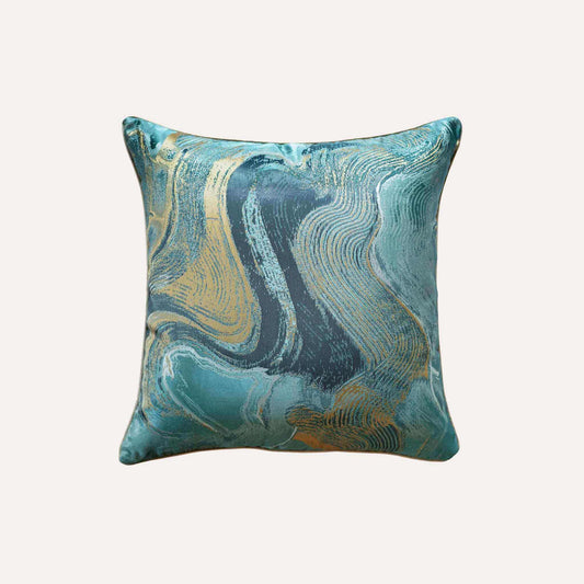 Modern green and gold abstract marble pattern cushion cover.