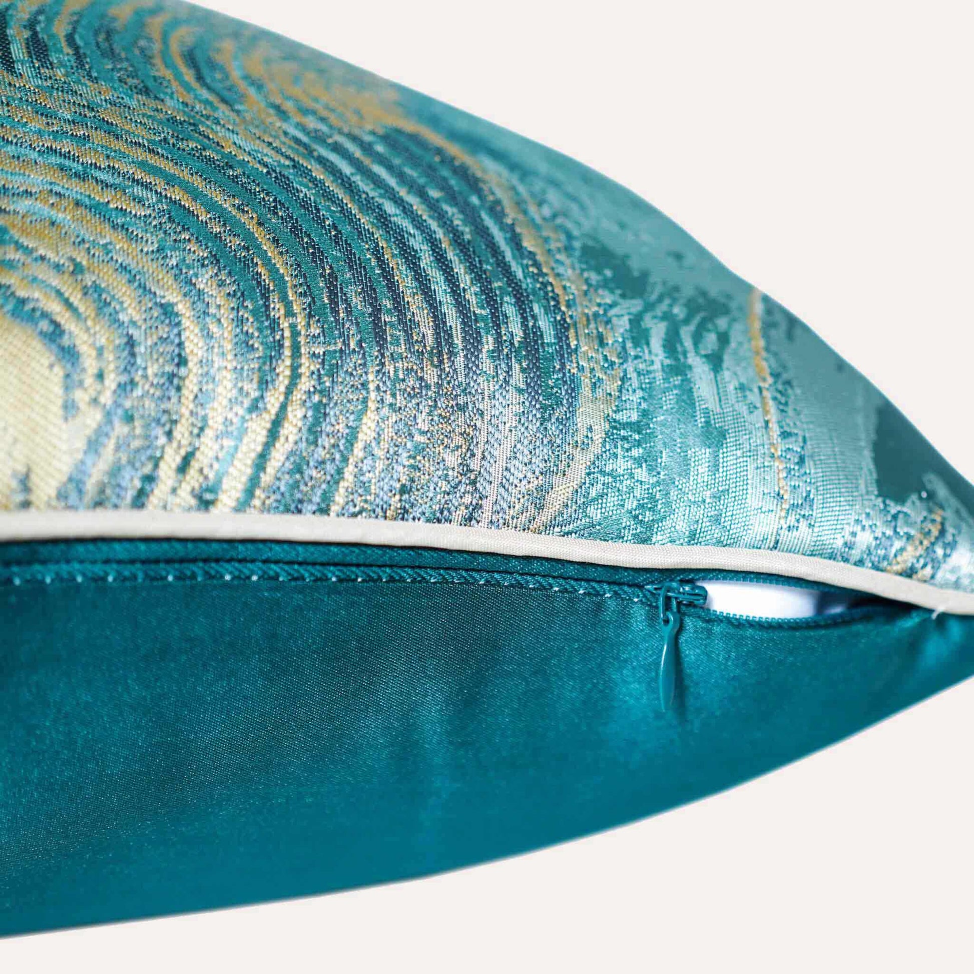 Modern green and gold abstract marble pattern cushion cover with invisible zipper.