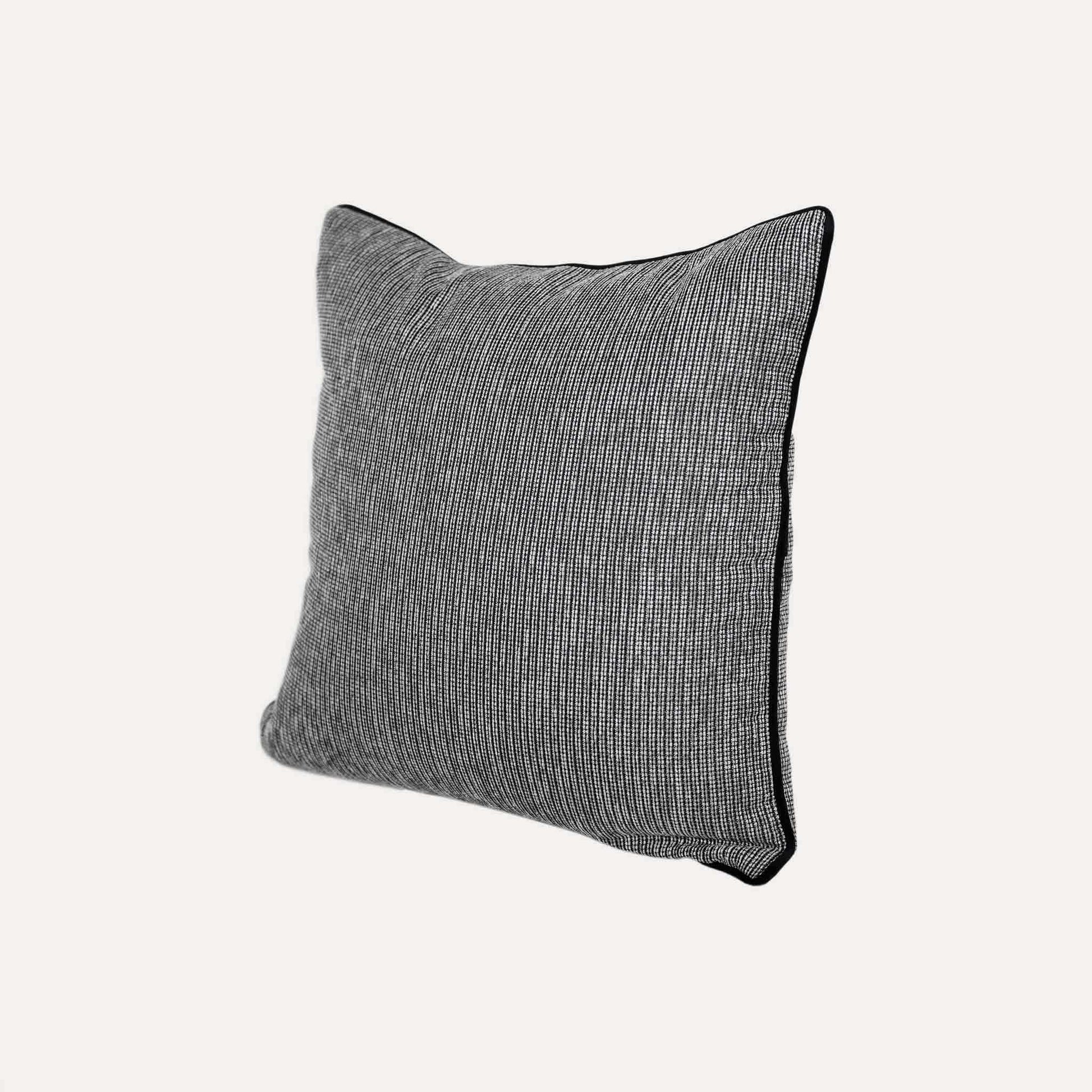 Contemporary grey and black woven cotton linen decorative cushion cover.