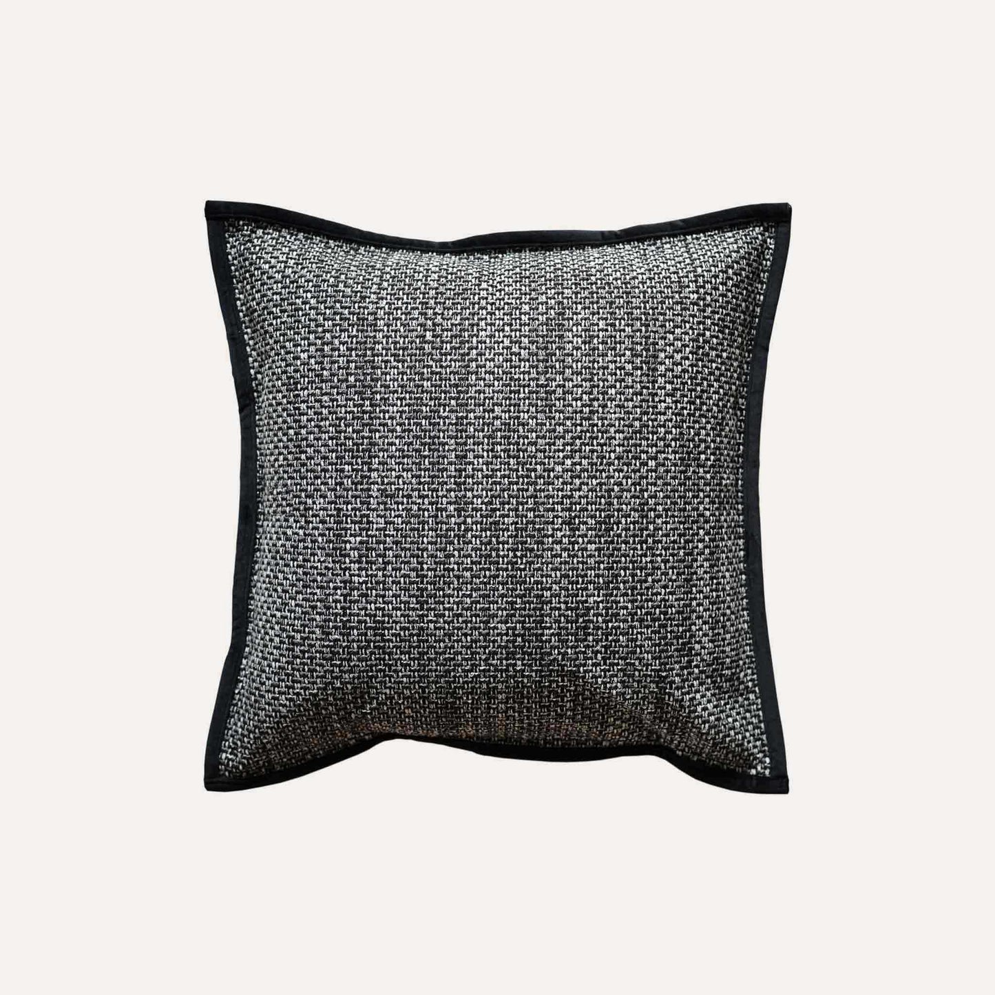 Modern gray and black woven cotton linen wide edge decorative cushion cover.