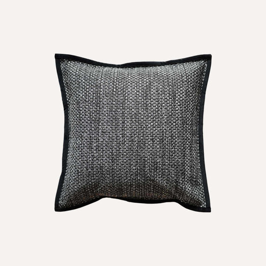 Modern gray and black woven cotton linen wide edge decorative cushion cover.