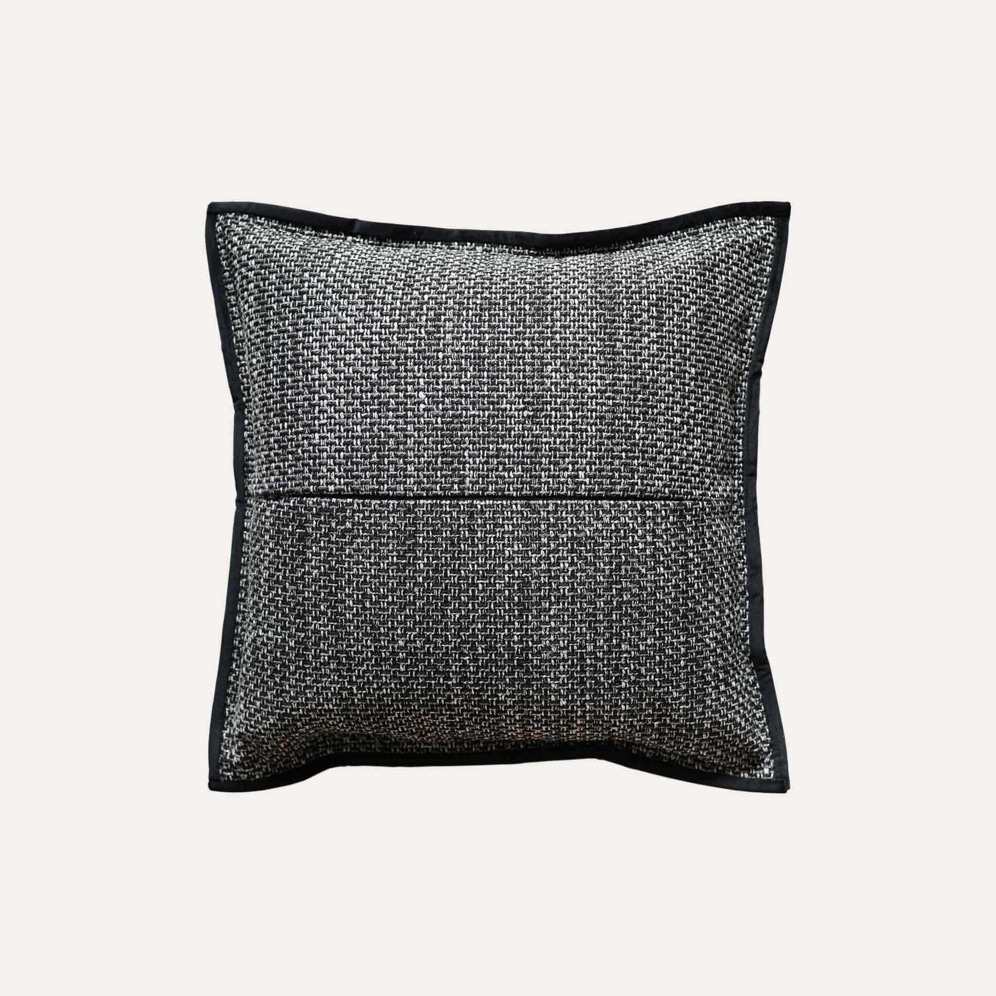 Modern gray and black woven cotton linen wide edge decorative cushion cover.