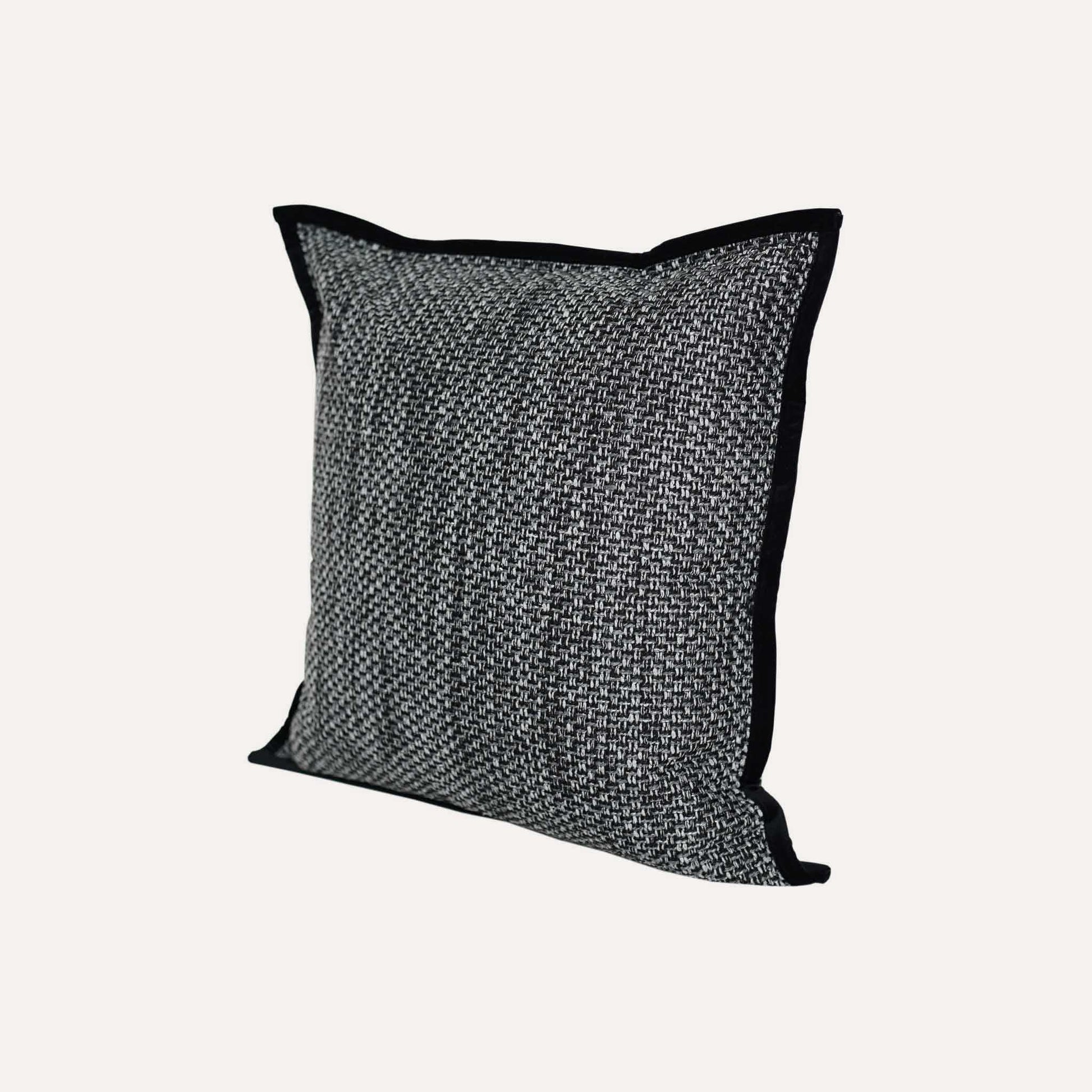 Modern gray and black woven cotton linen wide edge decorative cushion cover.
