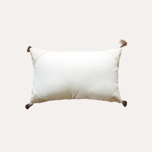 Natural white cotton patchwork PU with gradient tassels lumbar cushion cover.