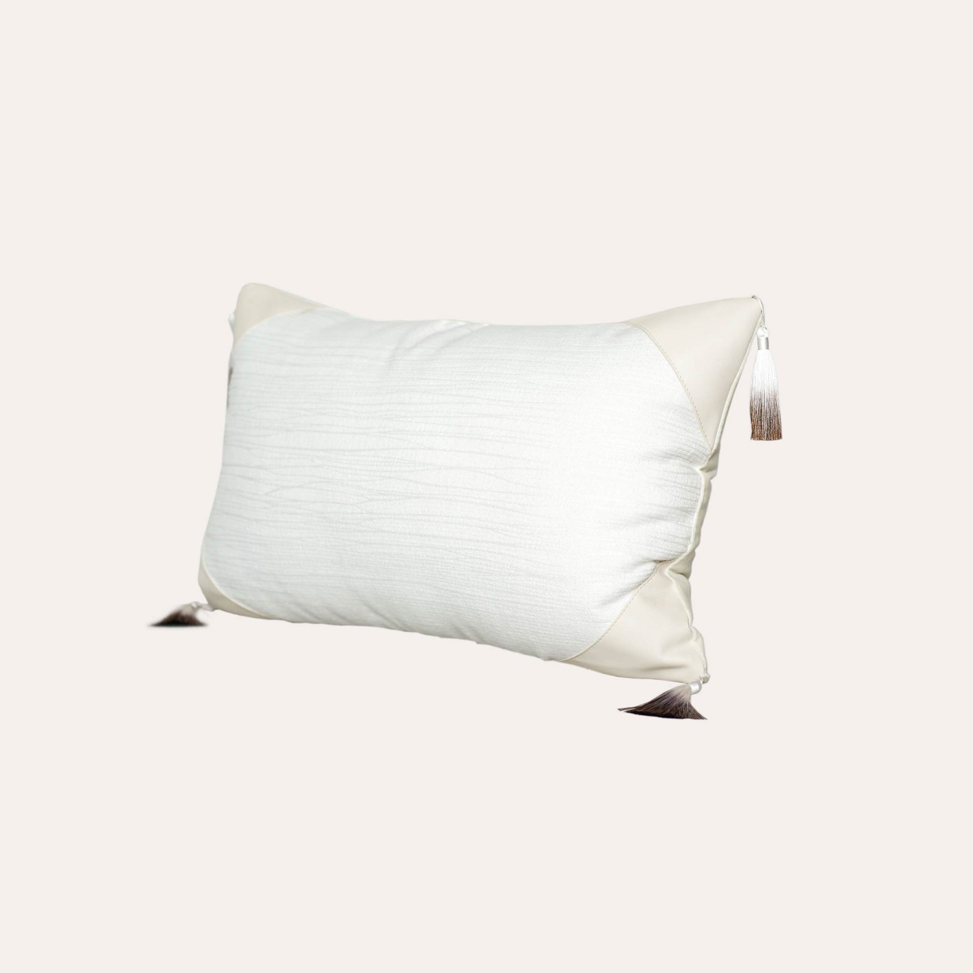 Natural white cotton patchwork PU with gradient tassels lumbar cushion cover.