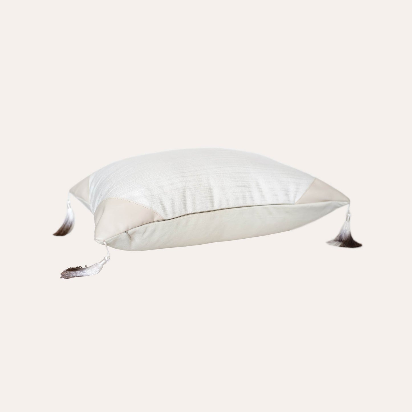 Natural white cotton patchwork PU with gradient tassels lumbar cushion cover.