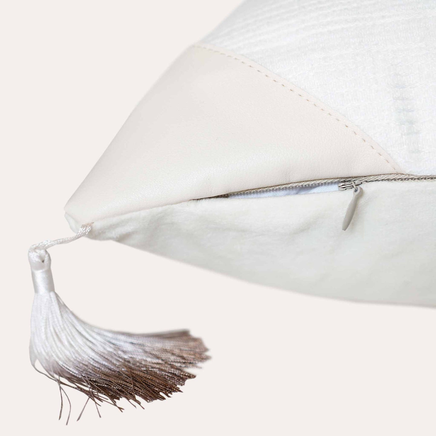 Natural white cotton patchwork PU with gradient tassels lumbar cushion cover with invisible zipper.