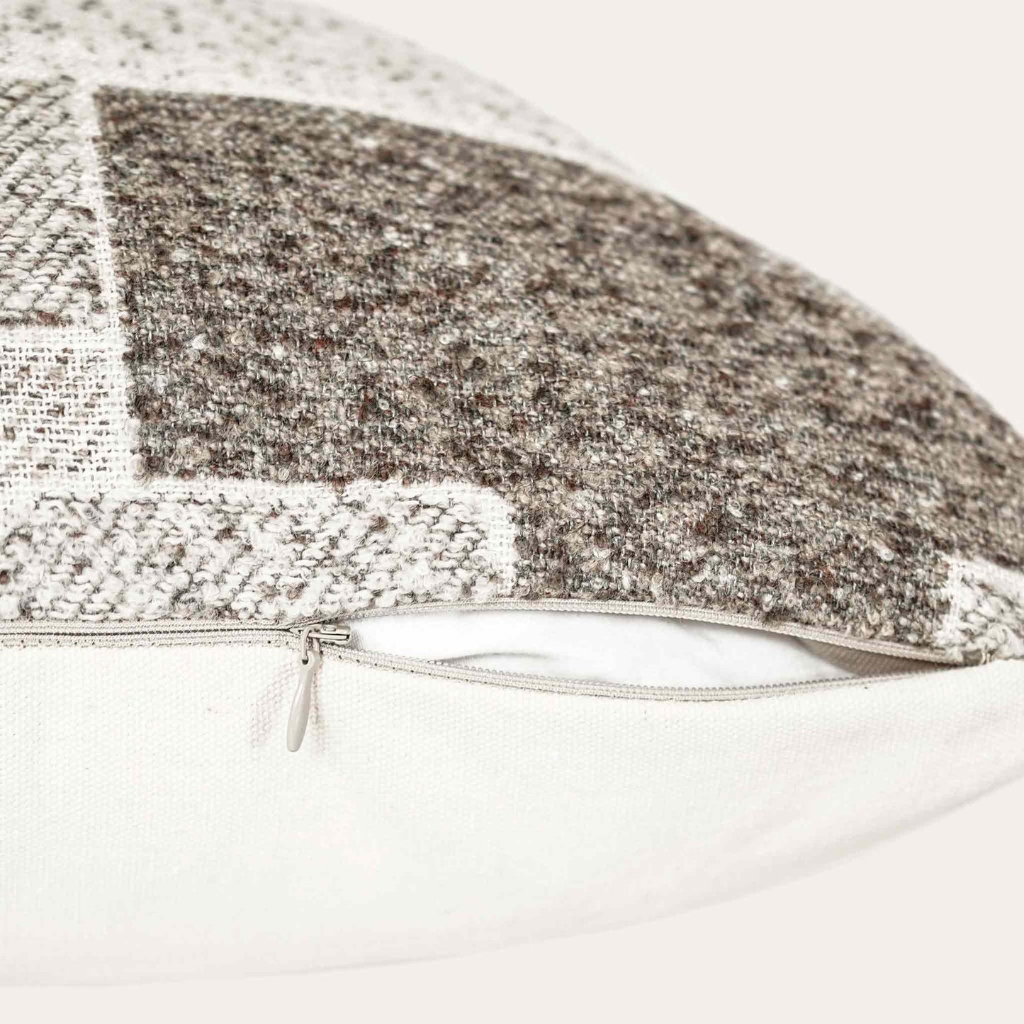 Chic neutral khaki geometric cushion covers with invisible zipper.