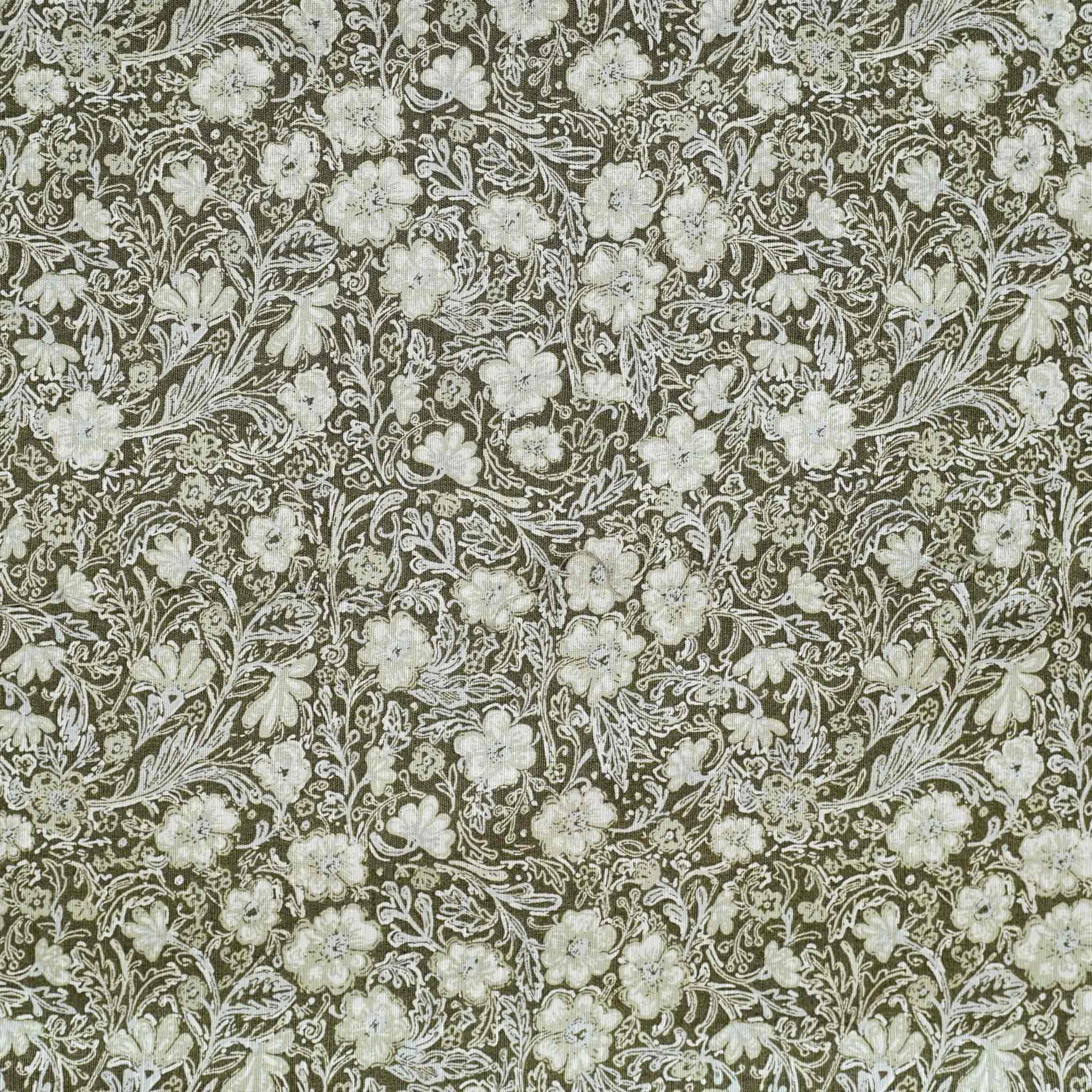 Floral pattern olive base lumbar cushion.