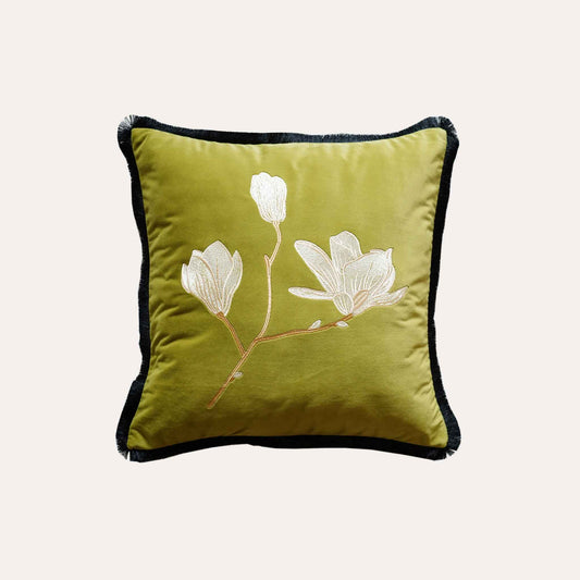 Oriental floral embroidery, black burlap with yellow-green velvet cushion cover.