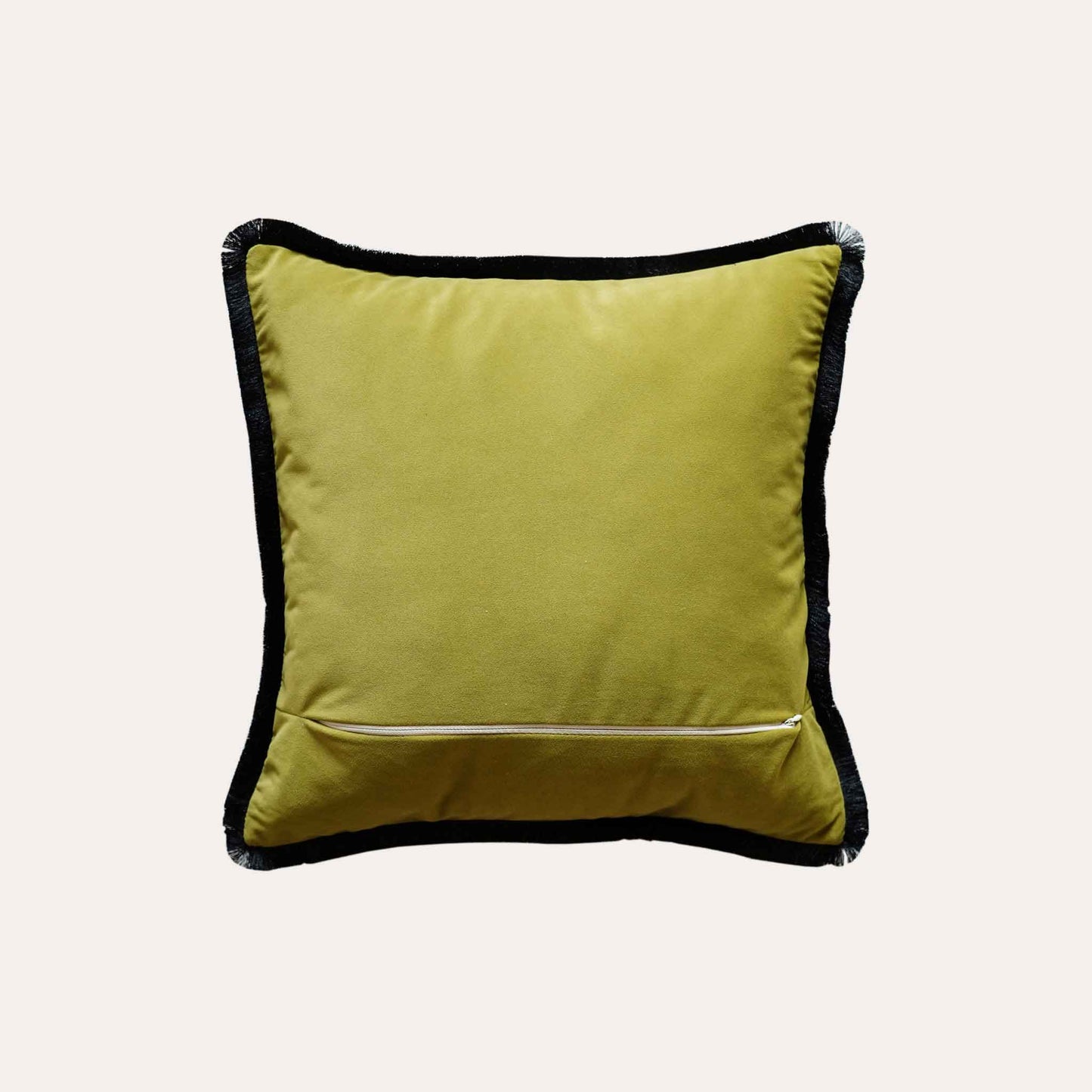 Oriental floral embroidery, black burlap with yellow-green velvet cushion cover.